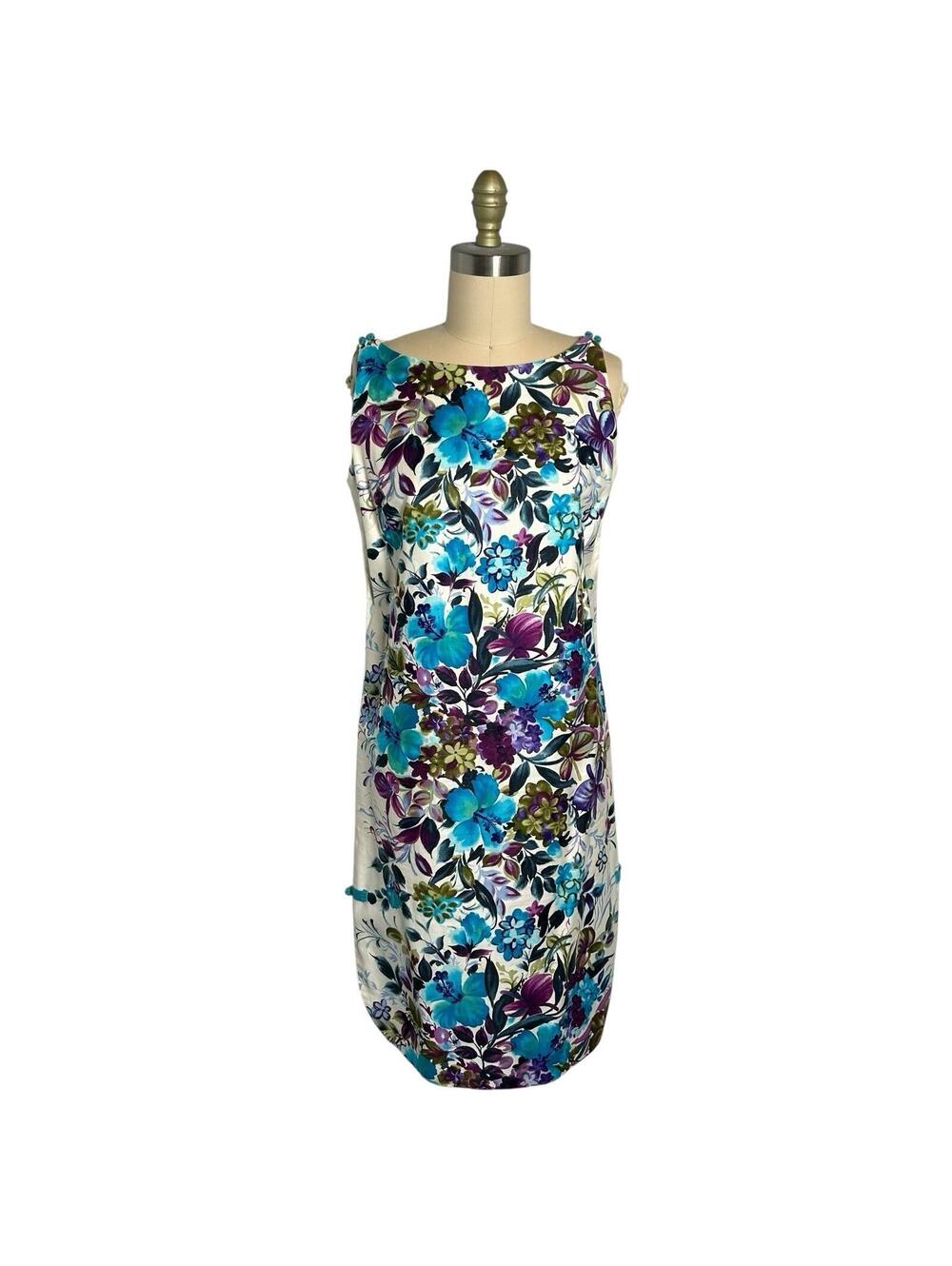 Vintage 1960s Hawaiian Floral Shift Dress Casual Girl Blue Purple Mod M